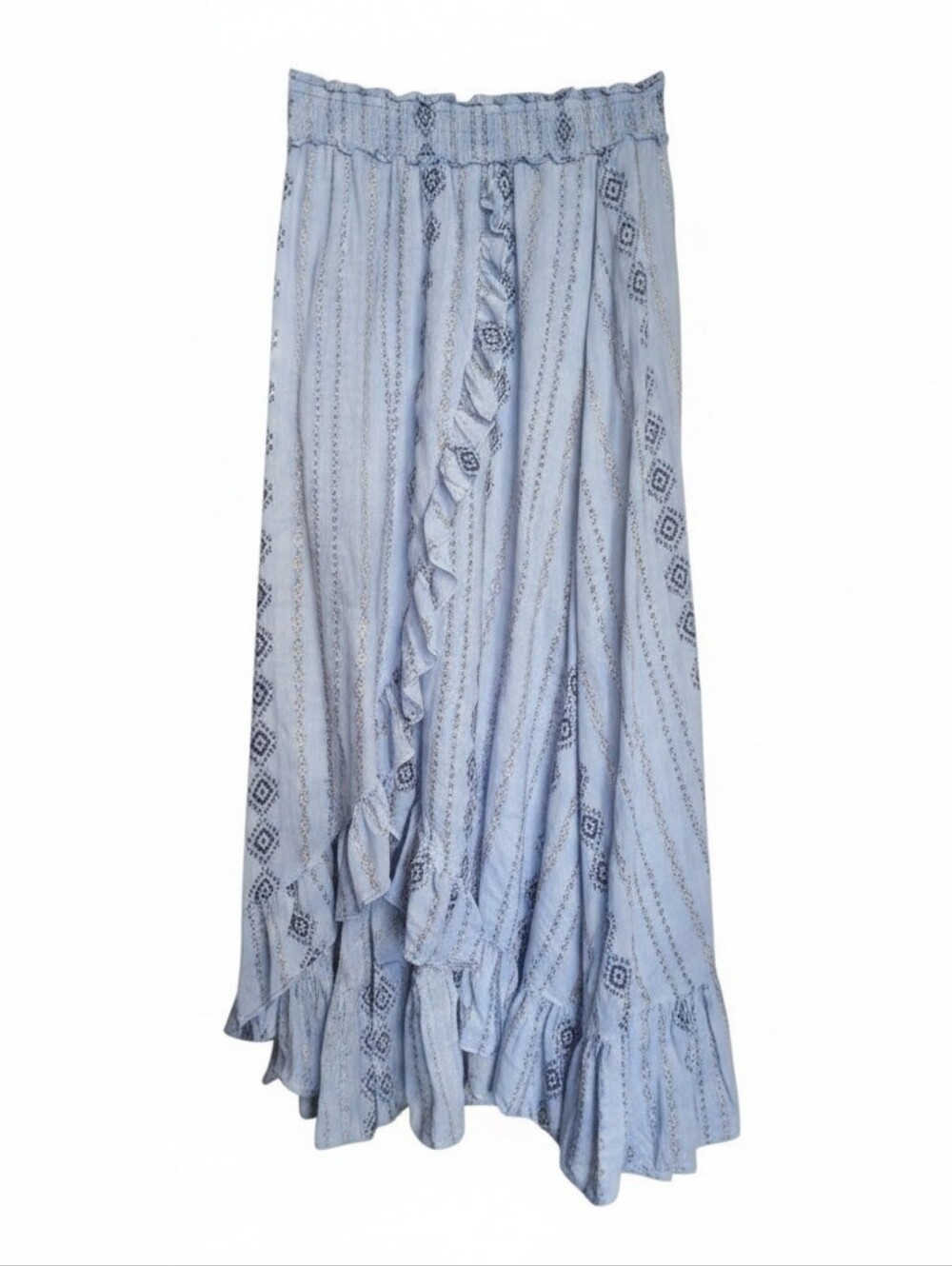 Muse by Rimo Blue Boho Ruffle Maxi Skirt Festival Chic Western Boho Cottagecore